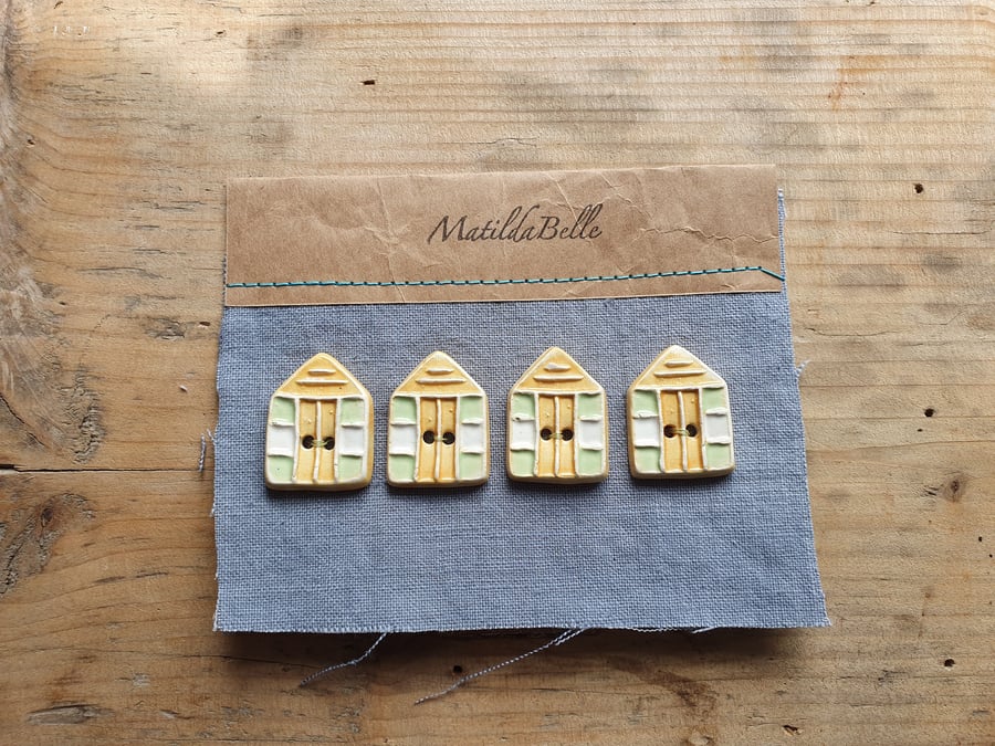 Beach Hut Buttons Handmade ceramic set of 4 seaside Buttons