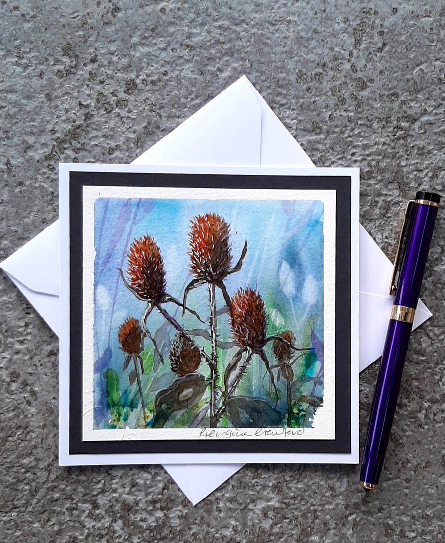Handpainted Blank Card. Teasles. Letterbox Gift. Keepsake