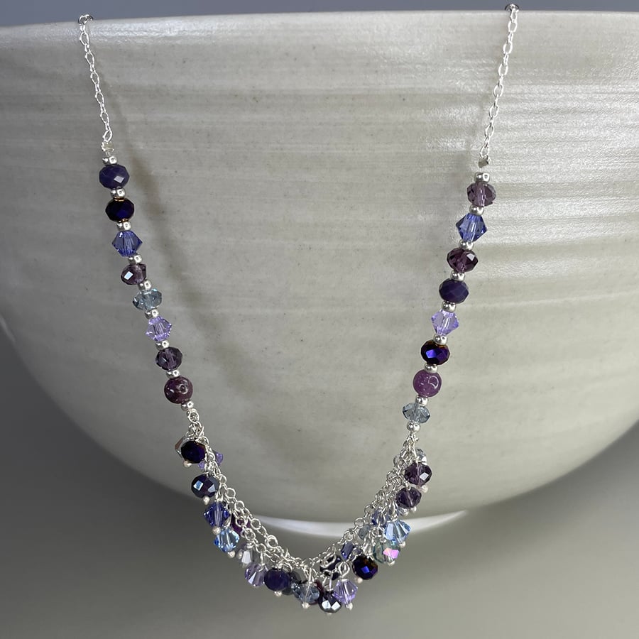 Sterling silver and mixed purple tone beaded cluster necklace 