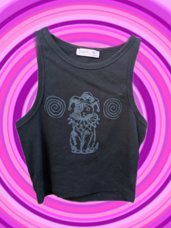 Handprinted jester cat upcycled cropped top extra small