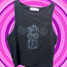 Handprinted jester cat upcycled cropped top extra small