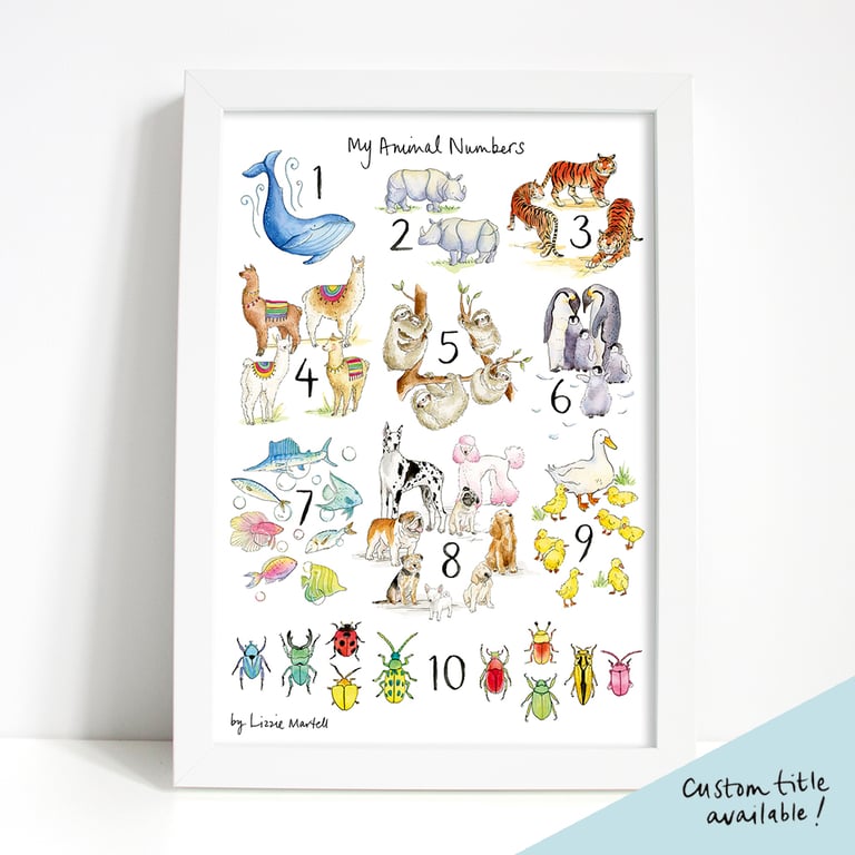'My Animal Numbers' A3 Illustrated Art Print - Custom Title Available