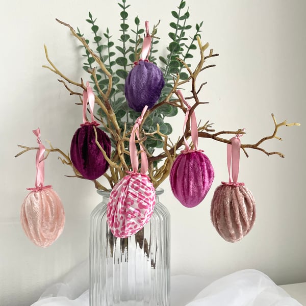 Velvet Hanging Easter Eggs Set of 6 with Leopard Print & Satin Ribbon Luxury 