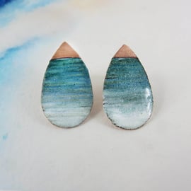 Textured Copper with Teal and White Enamel Teardrop Shaped Stud Earrings