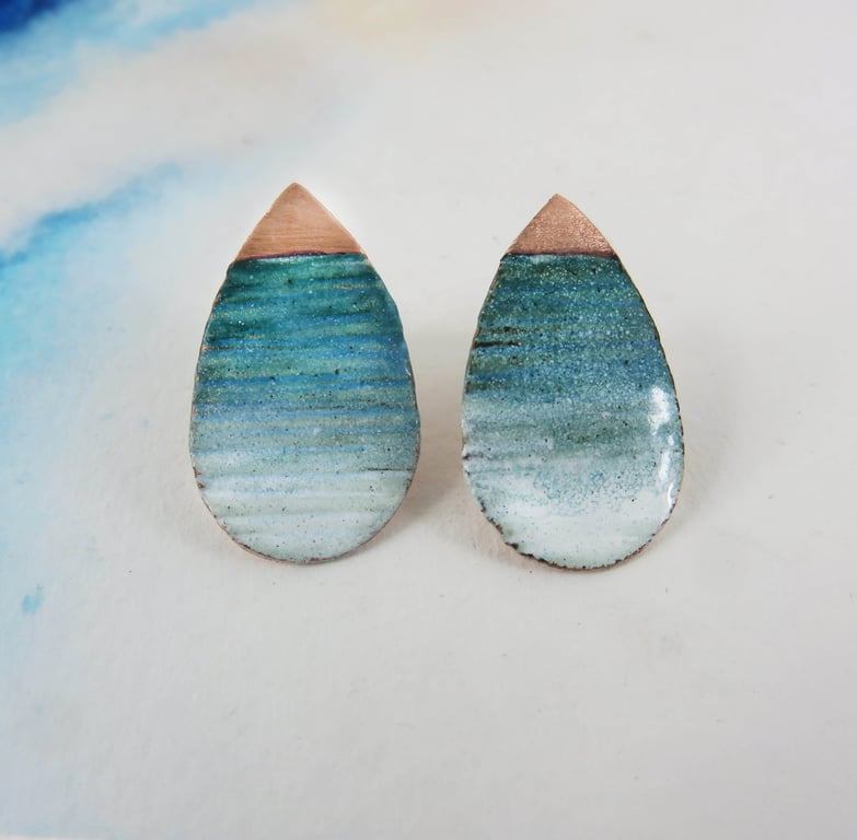 Textured Copper with Teal and White Enamel Teardrop Shaped Stud Earrings