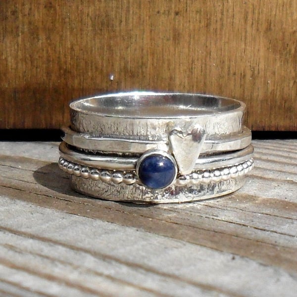 Sterling Silver Sapphire & Heart Spinner Ring