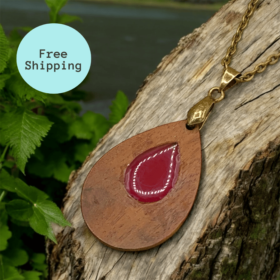 Magenta Resin Teardrop Pendant on Brass Chain - Lightweight & Stylish