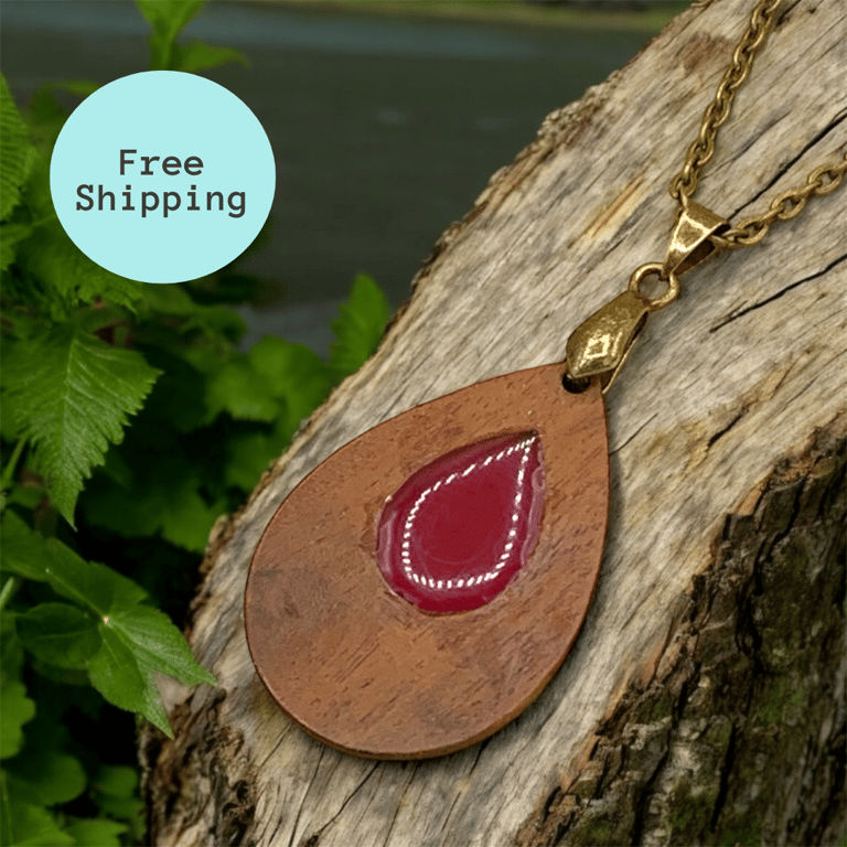 Magenta Resin Teardrop Pendant on Brass Chain - Lightweight & Stylish