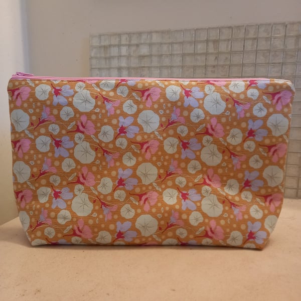 Orange Floral Zipped toiletries pouch, makeup cosmetic bag