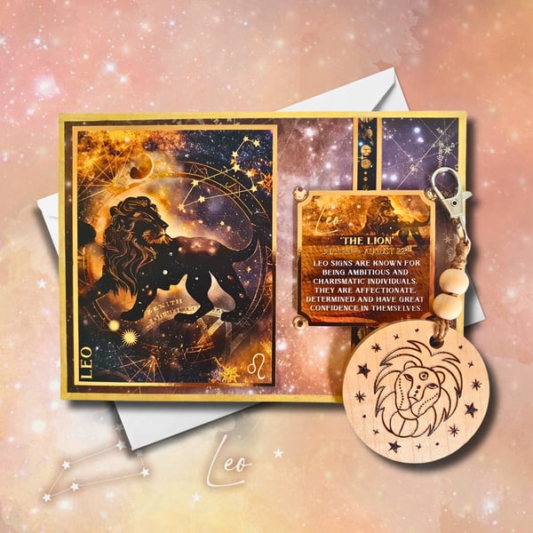 Leo Zodiac Star Sign Card, Wooden Keyring, or as a Set. Celestial, Horoscopes