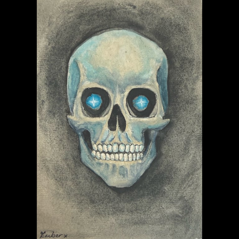 Smoky Joe - Original Blue Skull Watercolour Painting - Gothic Wall Art