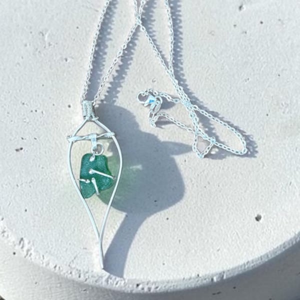 Sea Glass Sterling Silver Pendant Necklace 16" Gift Boxed