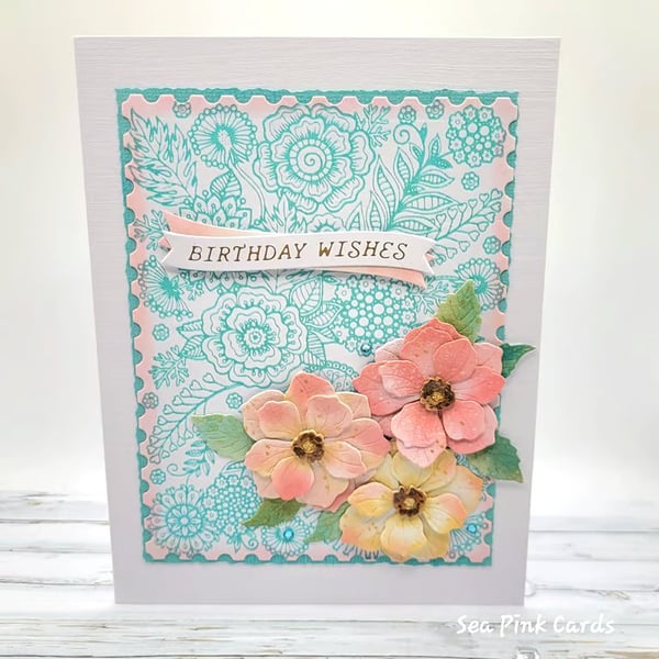 Roses Birthday Card - handcrafted, textured, dimensional roses, 3D