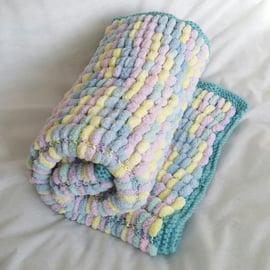 Rainbow Pompom Babies Blanket, hand-knitted