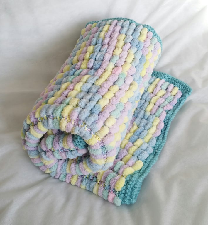 Rainbow Pompom Babies Blanket, hand-knitted
