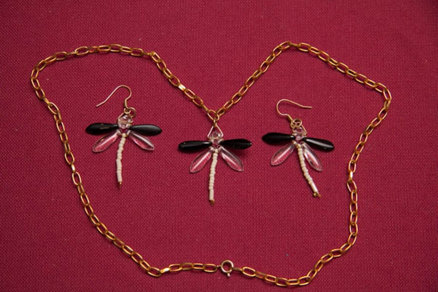 Black and White Dragonfly Necklace and Earrings