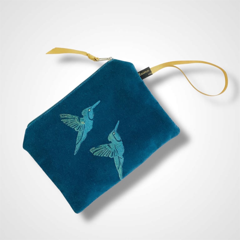 Teal Hummingbirds velvet zip-up pouch