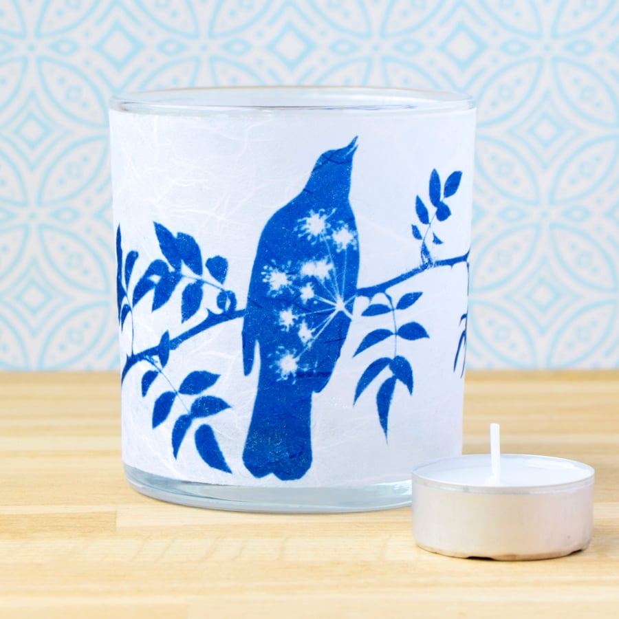 Blackbird tea light holder, Blue and White, Cyanotype Art