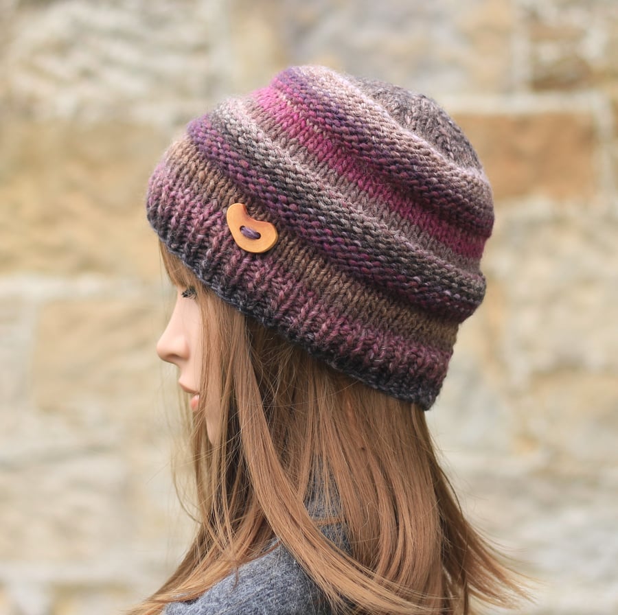 Beanie hat knitted women's, purple brown chunky cap, gift guide for her