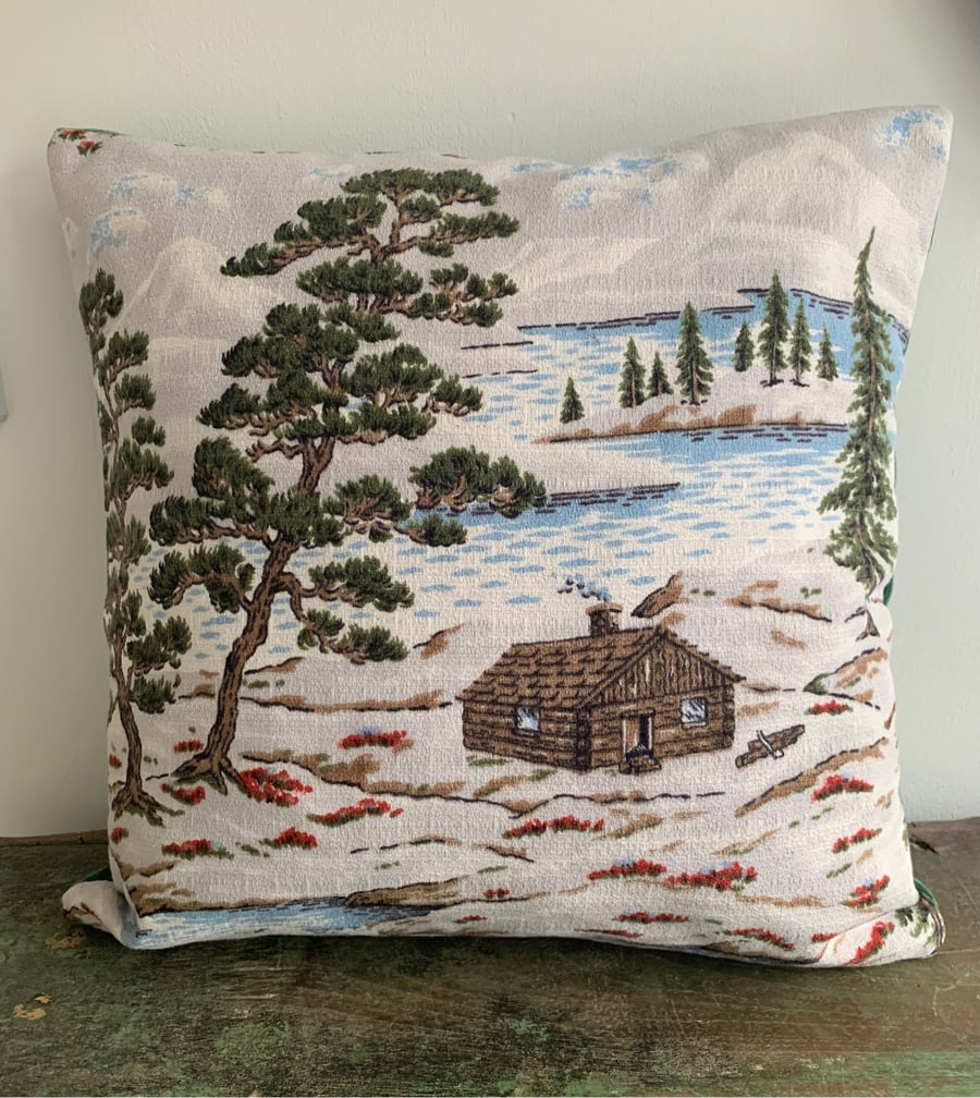 Reserved for Steph - Alpine barkcloth and velvet log cabin cushion cover