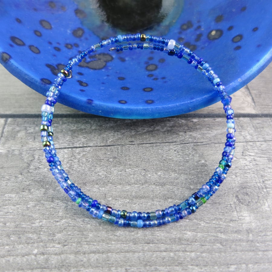 Wrap Around Blue Beaded Bracelet with Tiny Blue Beads