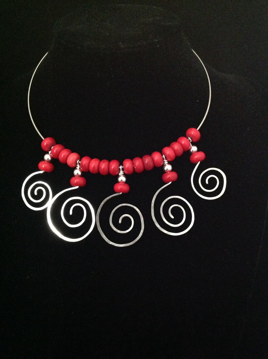 Silver and coral swirl collar