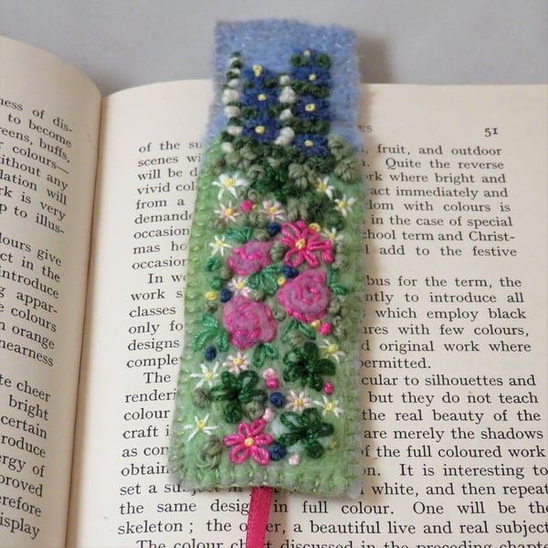 Bookmark - pink rose garden embroidered and felted