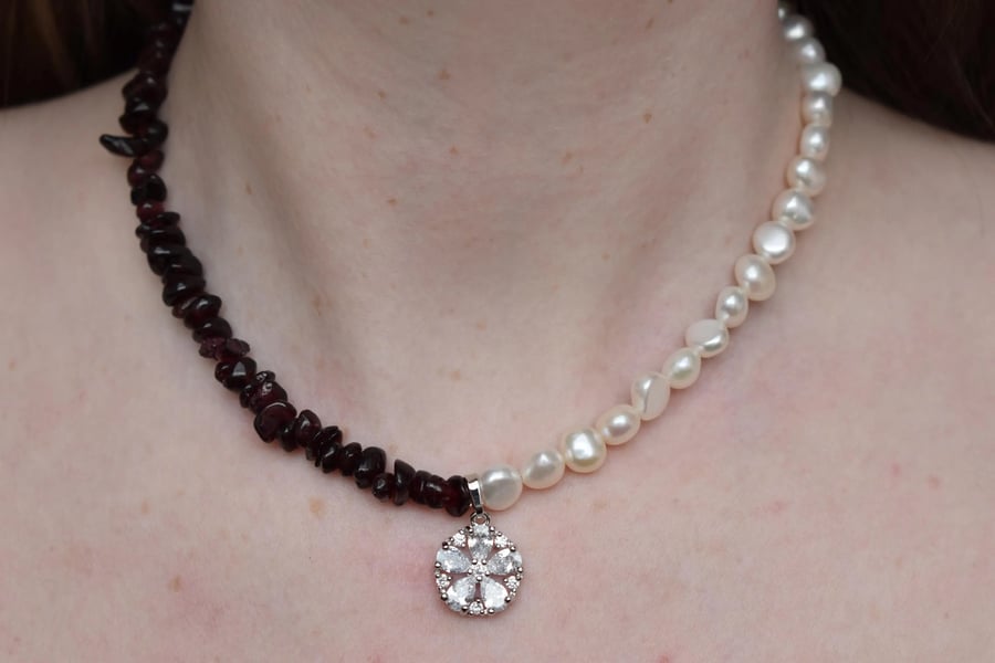 Handmade Garnet & Freshwater Pearl Necklace with Cubic Zirconia Drop Pendant