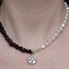 Handmade Garnet & Freshwater Pearl Necklace with Cubic Zirconia Drop Pendant