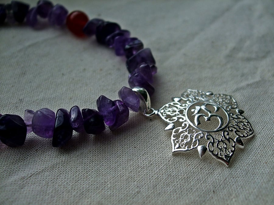 Om Lotus Sterling Silver Pendant with Amethyst and Carnelian