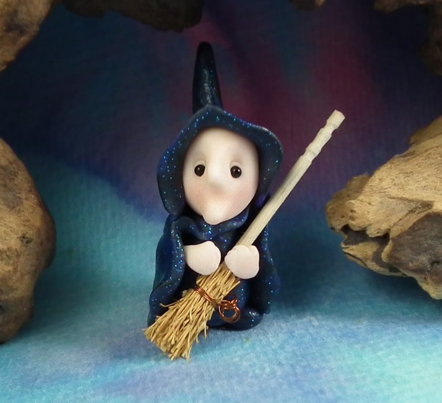 Tiny Witch Gnome 'Zest' with broomstick OOAK Sculpt Ann Galvin