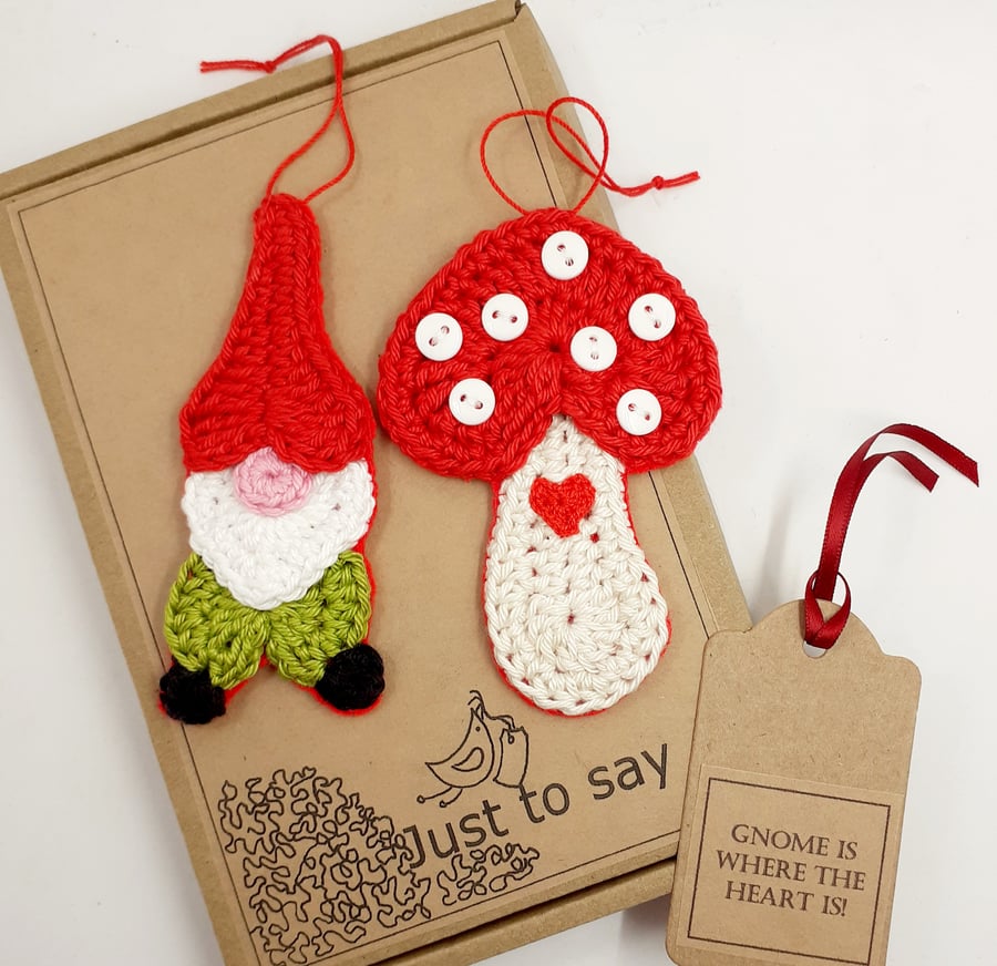 Crochet Gnome and Toadstool Decorations  - Alternative to a Greetings Card 