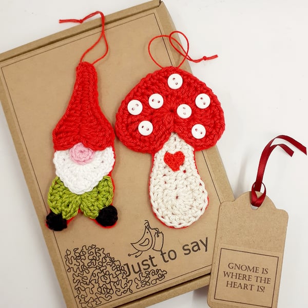 Crochet Gnome and Toadstool Decorations  - Alternative to a Greetings Card 