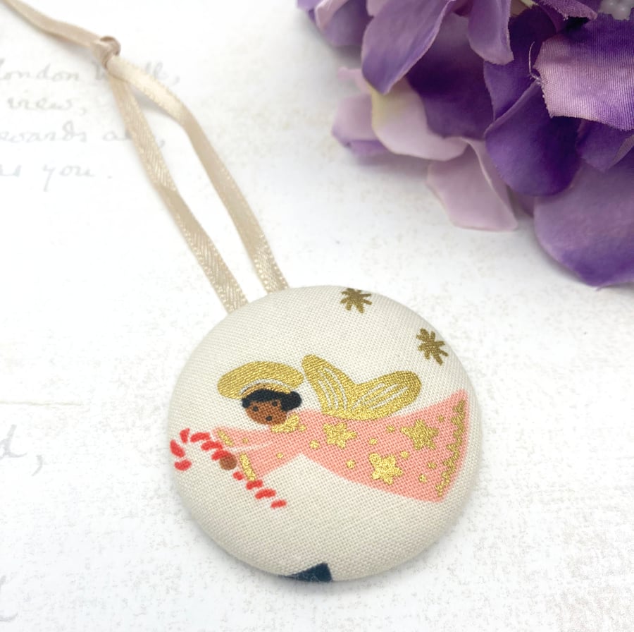 Angel with candy cane large fabric button hanging decoration ornament festive