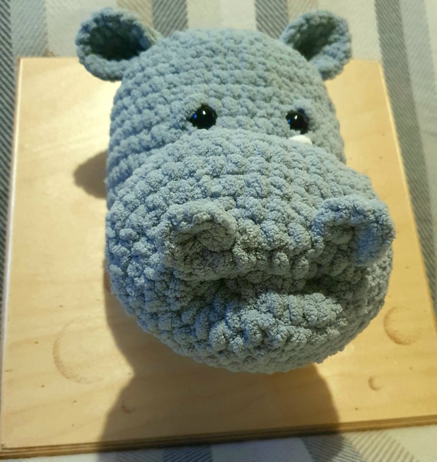 Crocheted hippo trophy head - faux taxidermy