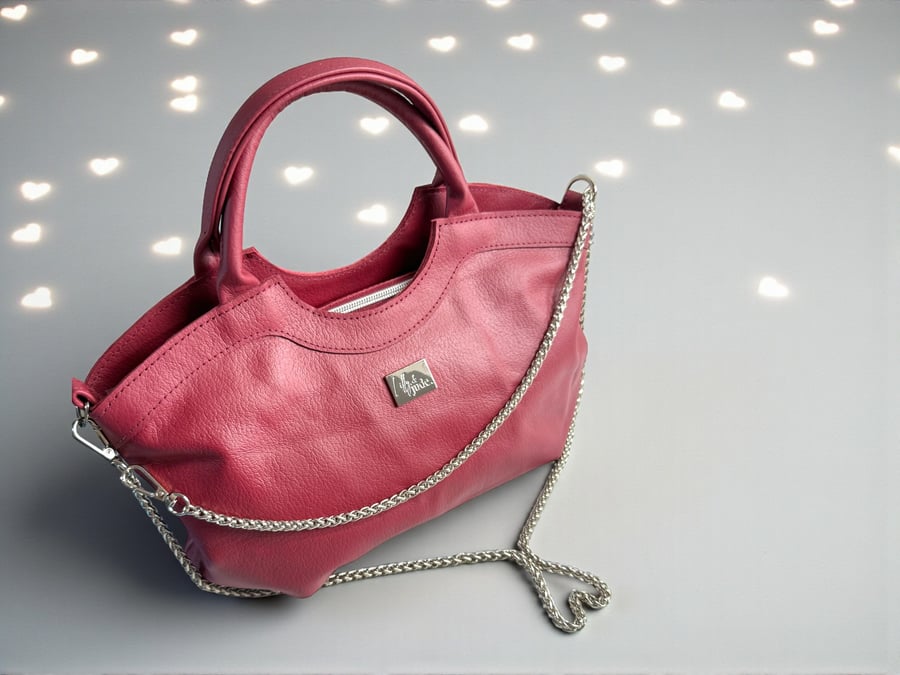 Flossy - Red Leather Slouch Handbag with Chain Strap - Handmade Sustainable Bag