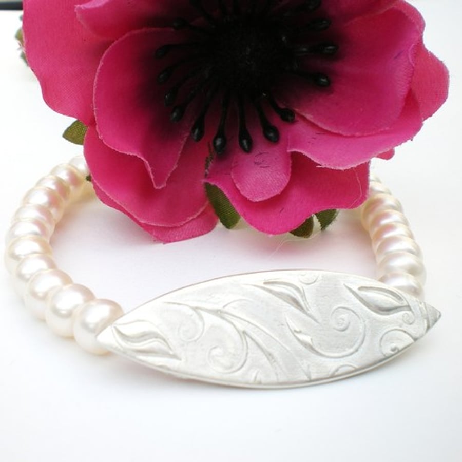 Silver Lily Leaf and White Freshwater Pearl Bracelet - Wedding Jewellery