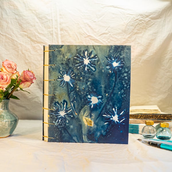 8x10 journal, Cyanotype with Black-eyed Susans & Ox-Eye Daisies, gold(Folksy147)