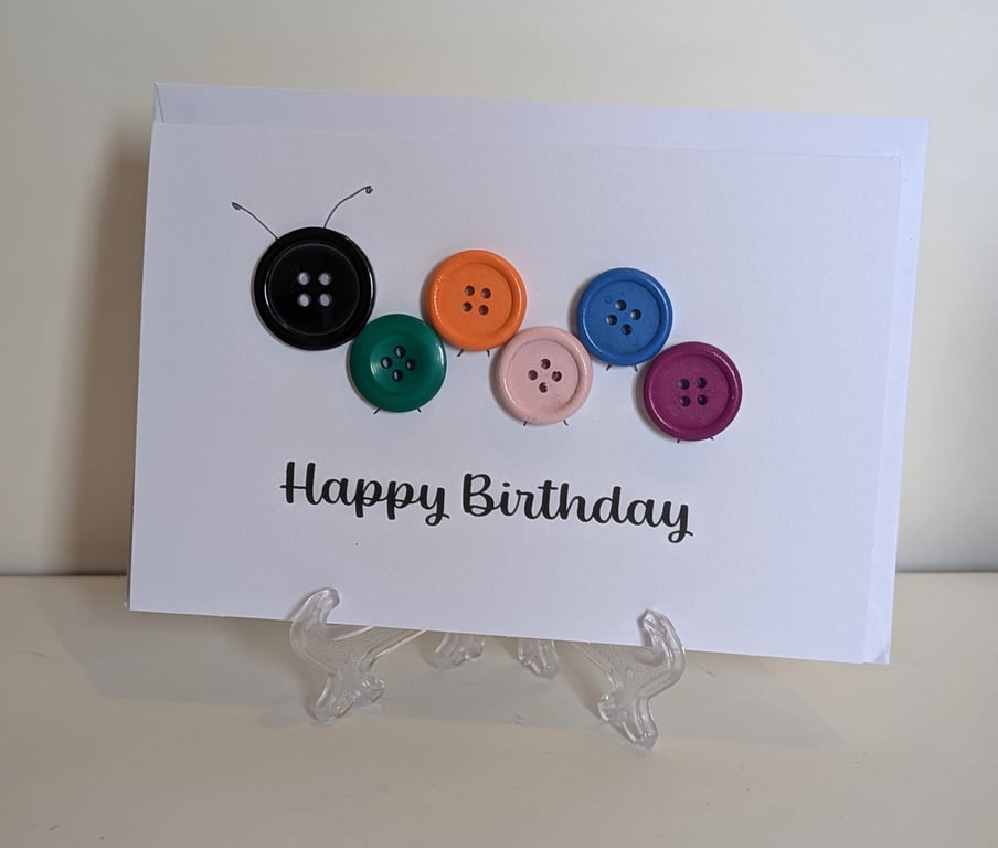 Happy Birthday button caterpillar greetings card 
