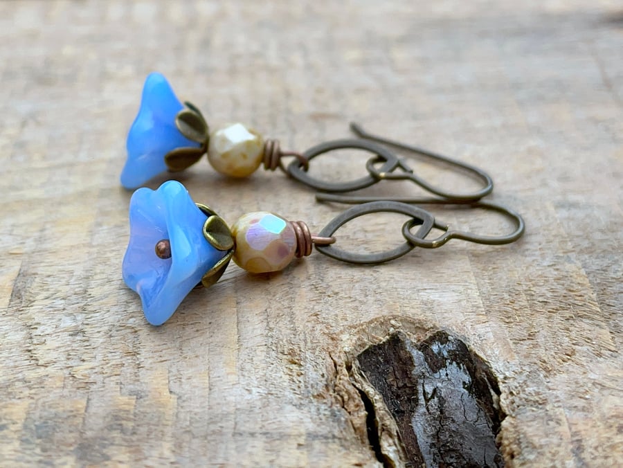 Blue Flower Earrings. Czech Glass Earrings. Petite Floral Earrings