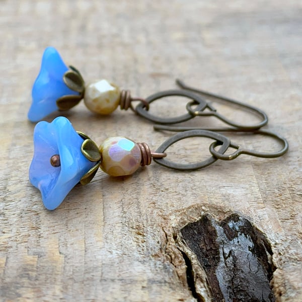 Blue Flower Earrings. Czech Glass Earrings. Petite Floral Earrings