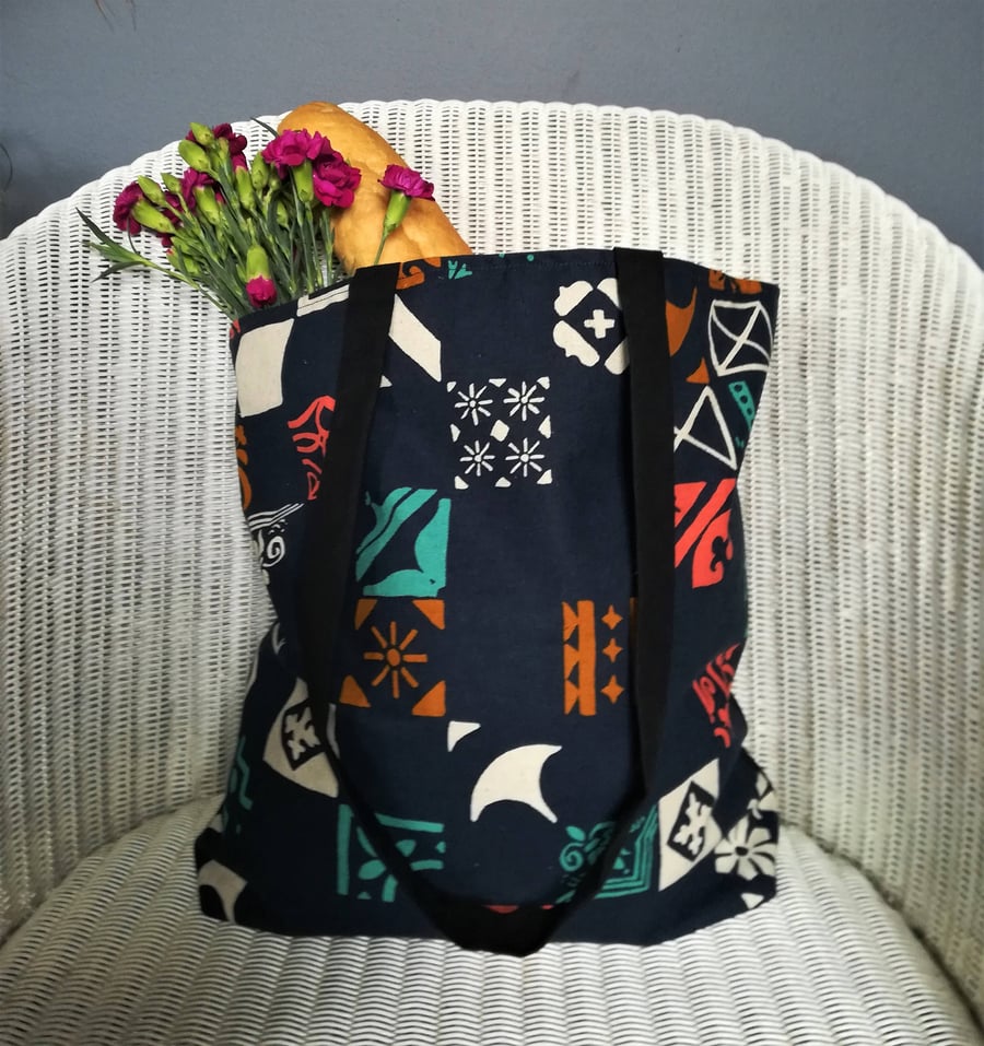 Unique printed linen tote bag, lined linen shopping bag