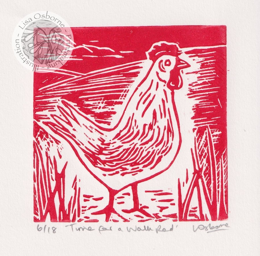 Time for a Walk Red - original, limited edition linocut.
