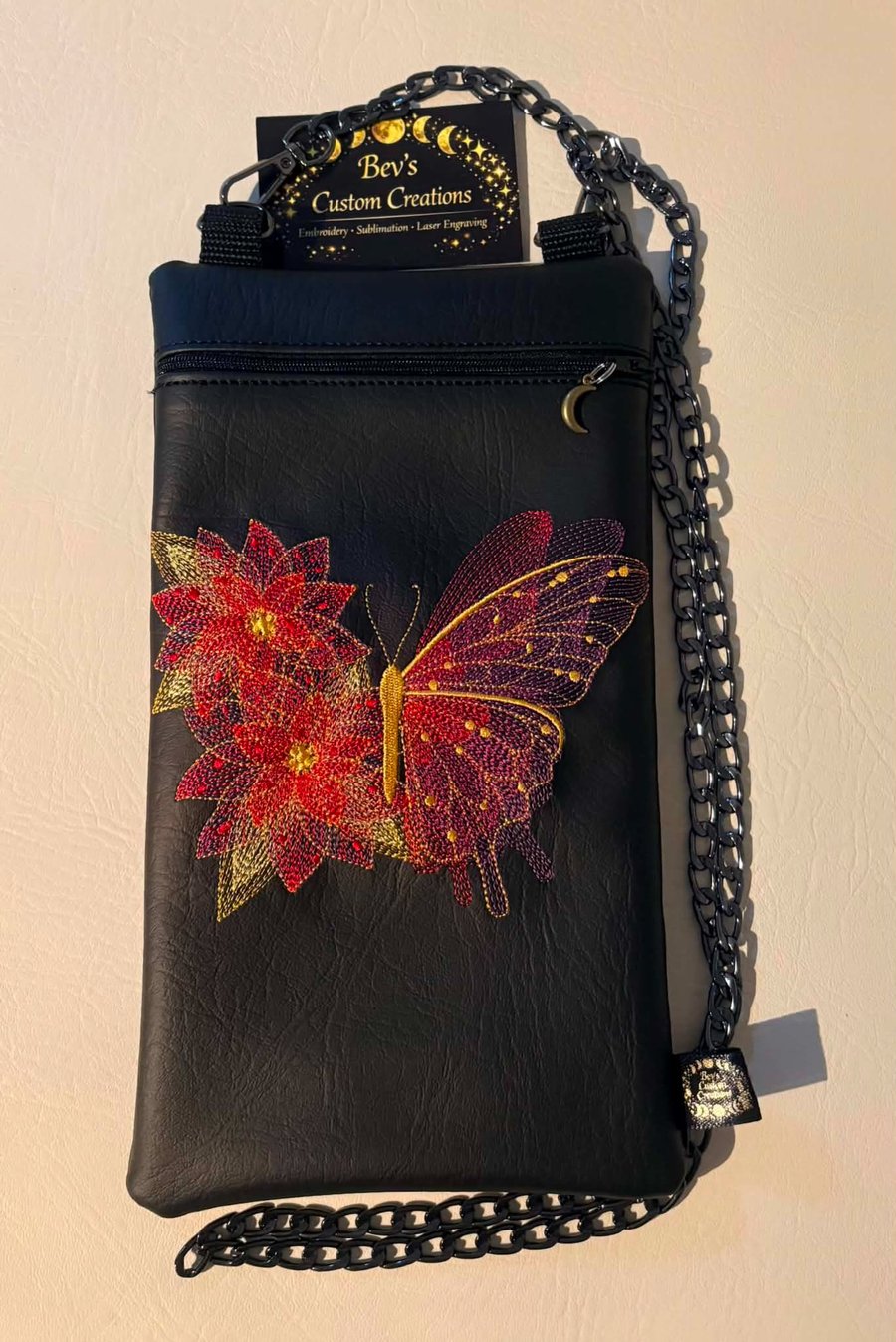 Embroidered Butterfly & Poinsettia Crossbody Bag 