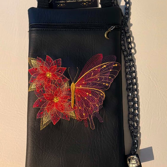 Embroidered Butterfly & Poinsettia Crossbody Bag 