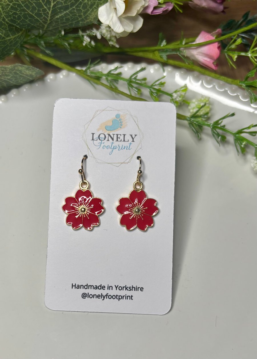 Red Flower Earrings, Floral Charms, Handmade Jewellery 