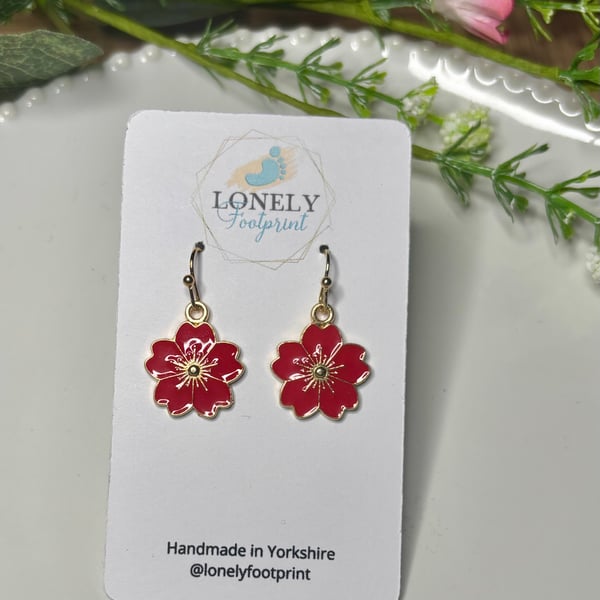 Red Flower Earrings, Floral Charms, Handmade Jewellery 