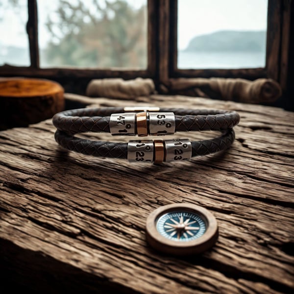 Leather Personalised Coordinates Bracelet, Latitude Longitude  - Free Delivery