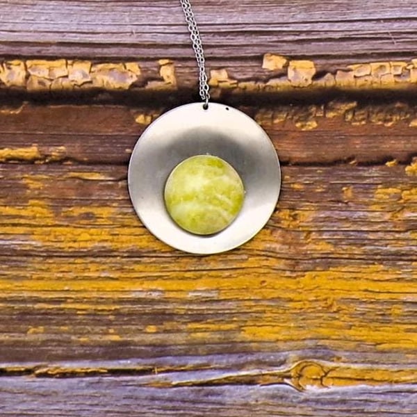 Brushed Metal Pendant With Scottish Isles Marble Circular Cabochon- Stainless St