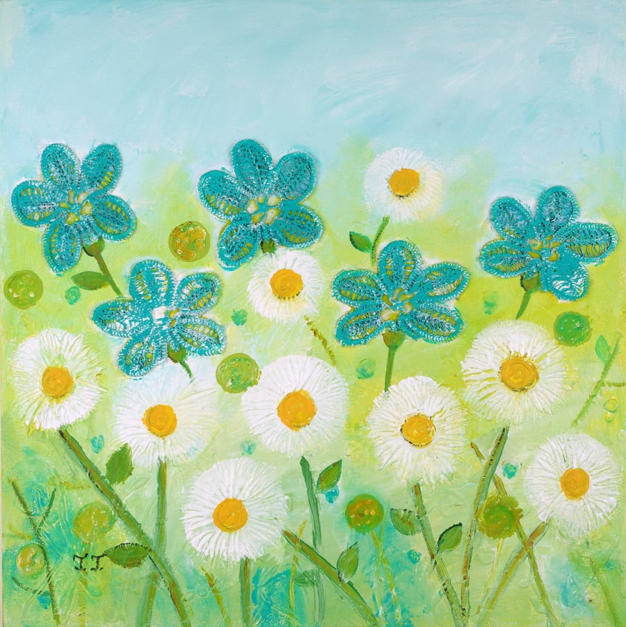 Mixed Media Floral Artwork, Turquoise Flowers Painting, White Daisy Art